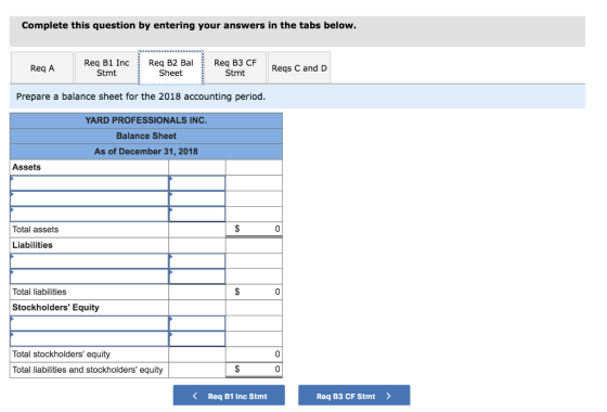 Complete this question by entering your answers in the tabs below. Req A Req B1 IncReq B2 Bal Stmt Sheet Req B3 CF Stmt Reqs