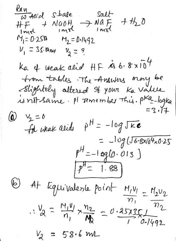 wheid sbase . salt HF + NaOH, twa F t to ind imol i mot M, = 0.2500 M2=0:1492 ů, = 35.00m 2 = 9 ka of weak alid HF Å 6.8x104
