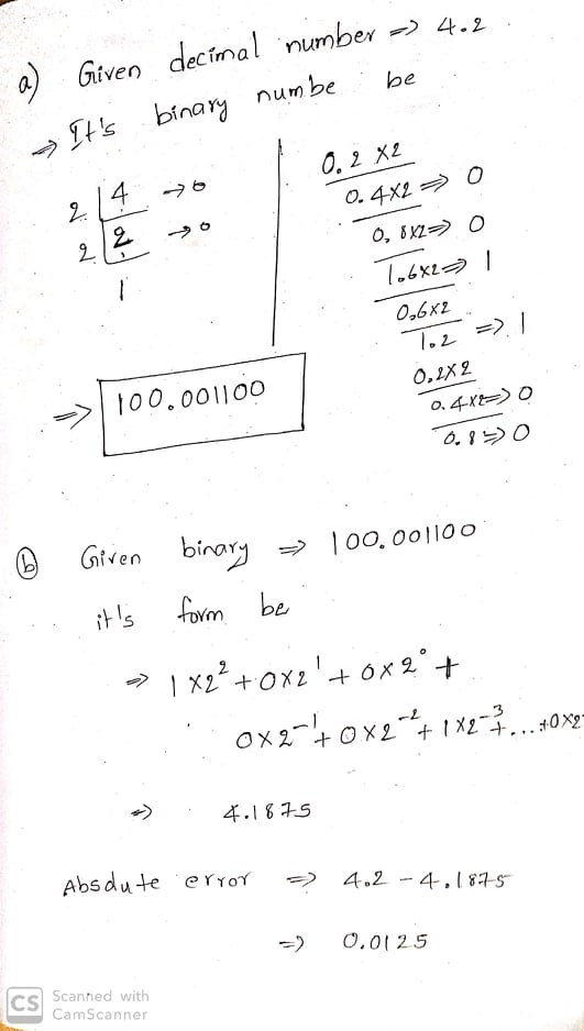Given decimal numbe number 4.2 number a be Tts binary O.2 X2 4 O.4x2 2 O,bK2 1.2 100.001100 O.2X2 o.4xtO Given binary 100. 00