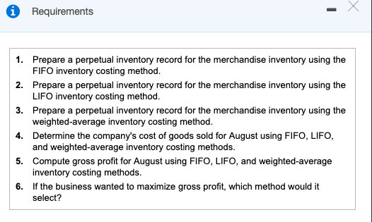 Requirem Requirements 1. Prepare a perpetual inventory record for the merchandise inventory using the FIFO inventory costing