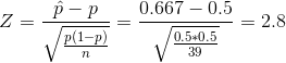 Z = \frac{\hat{p}-p}{\sqrt{\frac{p(1-p)}{n}}} = \frac{0.667-0.5}{\sqrt{\frac{0.5*0.5}{39}}} = 2.8
