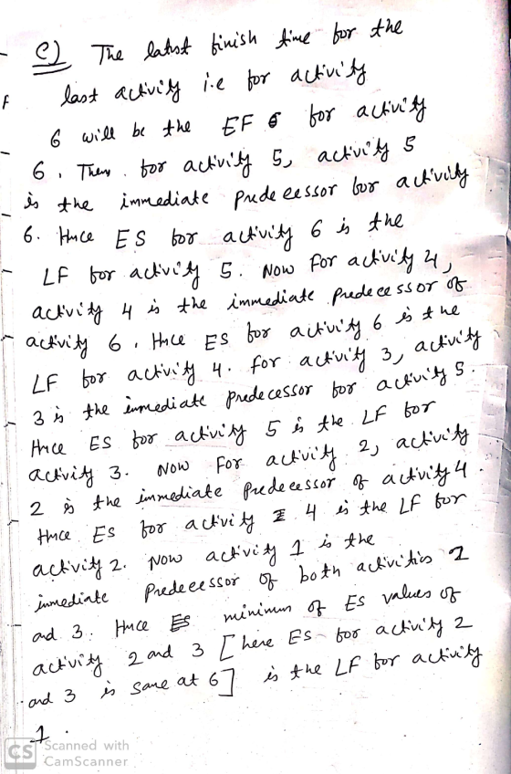 a - The latest finish time for the f. last actively ie for activity - 6 will be the EF o for activity 6. Theng for activity 5