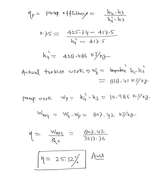 Up puru efficiency hy-43 hy-h3 3 0.75= 425.74 - 417.5 417.5 hy. hy= 428.406 kJ/kg Actual turbine work => Wq ha ha ha ha = 81