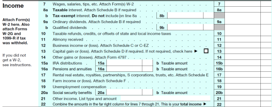 7 Income 8a 7 8a b 9a b 9а Attach Form(s) W-2 here. Also attach Forms W-2G and 1099-R if tax was withheld. . 10 11 12 13 If y