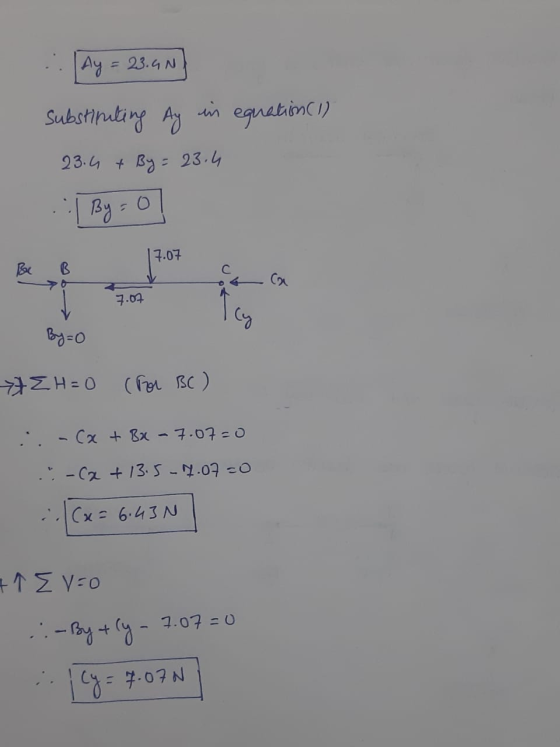 Ay = 23.GN equation 1) in substituting Ay 23. G + By = 23.4 By=0 17.07 Bac a ca 7.07 icy By=0 YEH=0 cror BC ) (x + Bx - 7.07=