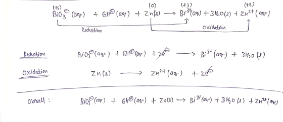 (0) (+32 Bio, (09.) + 6H® (aq) + zufe) (+2) Bistaq) +342041) + Zn2+ ( aan) oxidation Reduction Reduction Biozolaar) + 6H® fa