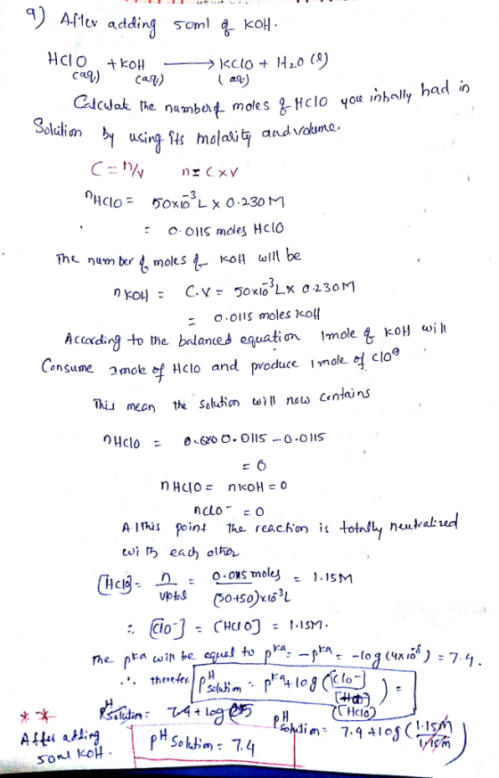 9) Artev adding somig kol L av) Calcwak the numbof. mole s t) -3 O OS moles ko! Accadirg to theanes equation Imole koH wi ons