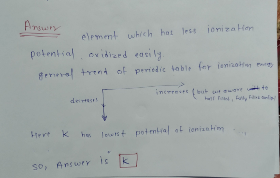 - Answer Answer element ionization potential general element which has less oxidized easily. trend of periodic table for ioni