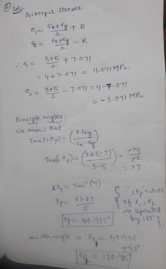 Sol Principal stresses Tatry + R 0,= ratoig -R 3+5 +7.07) -10= 2 =4+7.071 = 11.071MPa. 3+5 -7.071=4-7.07) 2 = 2 = -3.071 MPa.