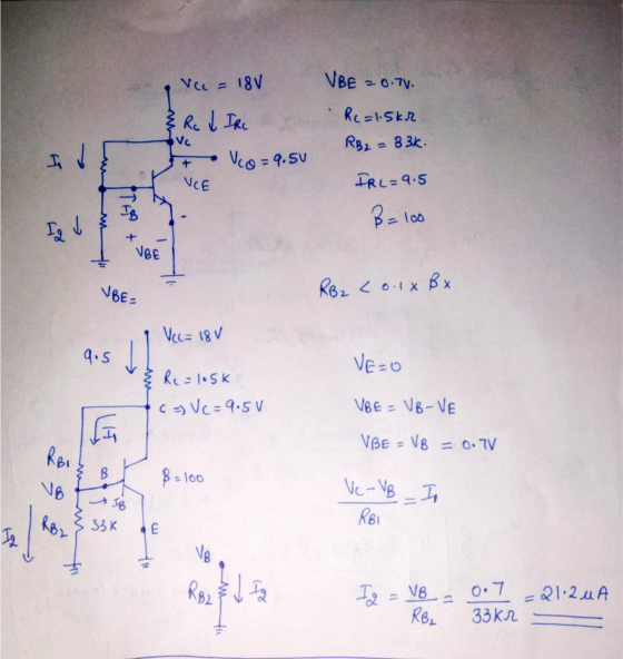 Vcc= 18V VBE -0.7V. Rc L IRC Re=1.5kr RB2 = 33k. ove I Vo=9.50 VCE IRC=9.5 IB B=100 E UBE UBE RB2 coix By Vcc= 18V 9.5 VE=o &
