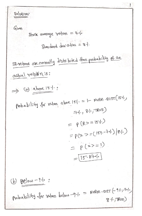solution: Stock average retum = tolo Standard deviatim = 87. If retoms are normally distributed then probability of an actual
