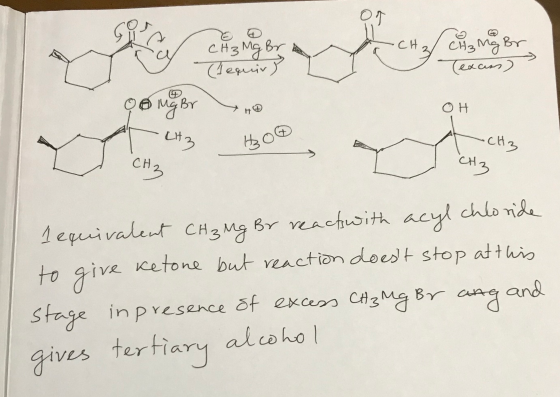 of CH CH3 Mg Br Changer (Tequir (excess) Mg Br ОН Litz H₂O CH3 CH3 CH3 1 equivalent CH3 Mg Br reacts with acyl chloride keton