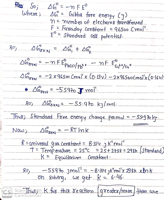 og So; AGO--M FEO Where; G = Gibbs fore enorgy (7) ne number of electrons tromsferred. F = Faraday constant = 96500 Cmoſ: Eº