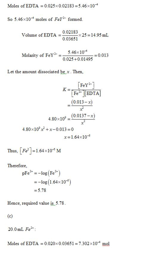 Moles of EDTA = 0.025×0.02183 = 5.46×104 So 5.46x10 moles of Fer-formed. 0.02183 5-1495 mL 0.03651 Volume of0.02183 Molarity