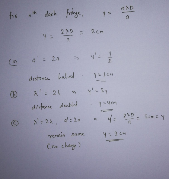 fringe dark nth y = 27D 2 cm y = y: y a 2a ay 2 halvrd drstence Y leM 2A Y= 2Y distance doubled 2 a 2a 2cmY y2AD nain same