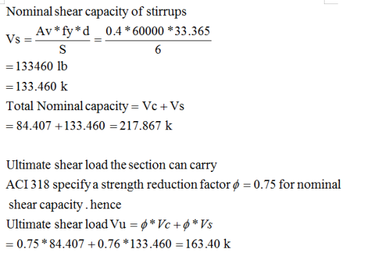 Nominal shear capacity of stirrups v_Av*fy*d 0.4*60000 *33.365 S = 133460 lb = 133.460 k Total Nominal capacity = Vc+Vs = 84.