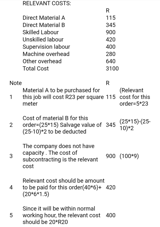 RELEVANT COSTS: Direct Material A Direct Material B Skilled Labour Unskilled labour Supervision labour Machine overhead Other