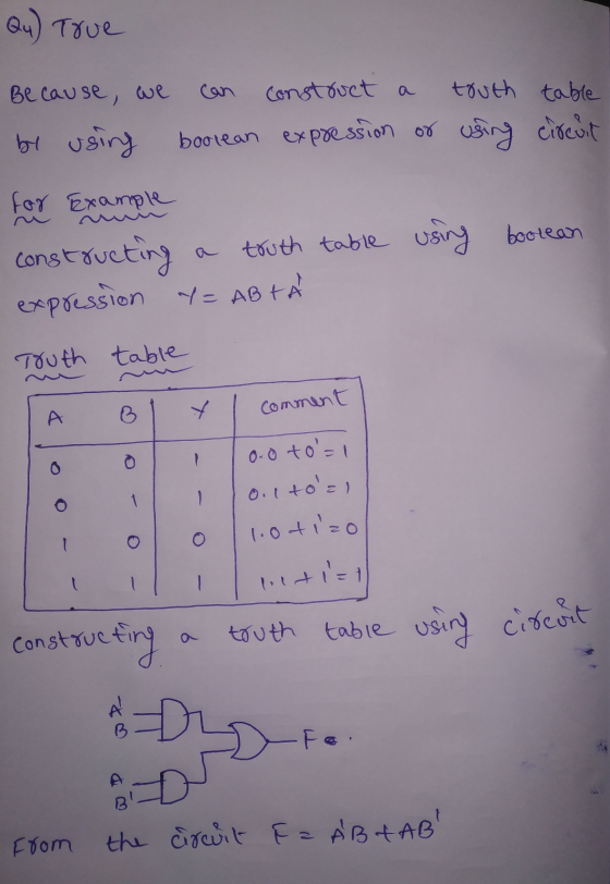 Qu) True Because we Construct a truth table by using boolean expression or using circuit for example constructing a truth tab