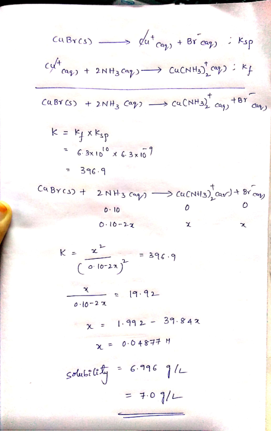 cu Bics) — dacaq) + Brcay> : <sp cuacag) + 2NH3caq) → CUCN Hg) cag): Ky 5444 Cu Br(s) + 2NH3 Caq → CuCNH3). cag, tor care k =