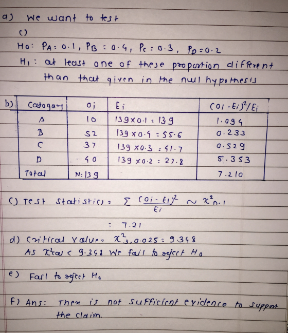 a) We want to test - HO: PA=0.1, PB :0.4, Pc: 0.3, Po=0.2 Hi: at least one of these propustion different than that given in t