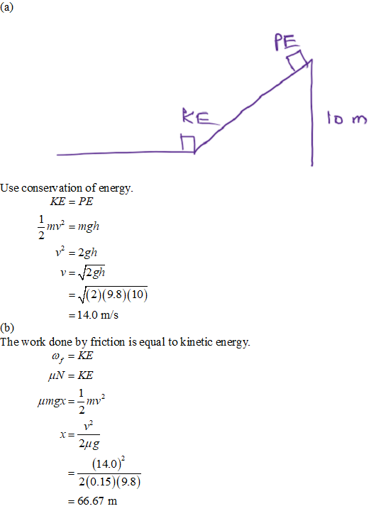 D m Use conservation of energy KE = PE = 2gh 2)(9.8)(10) -14.0 m/s The work done by friction is equal to kinetic energy 2 (14