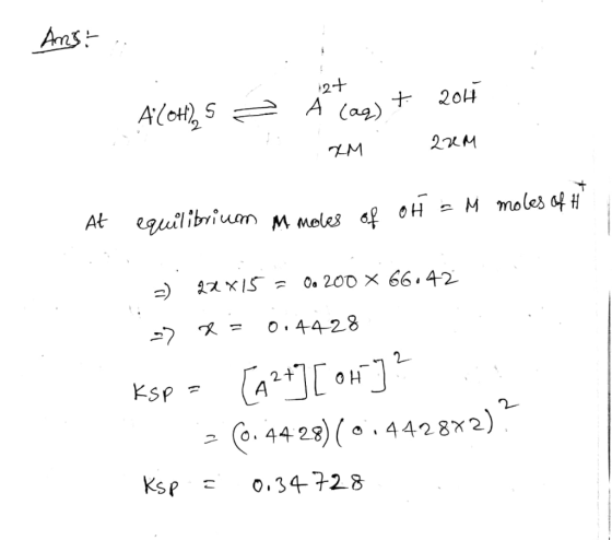 Ams 2+ 204 A lag) AloH,S 2M M moles f H M At eguilibrium M meles OH Oa 200 X 66.42 o.44-28 Car$CN Co. 4429)(.4428x2)* 2+ O H