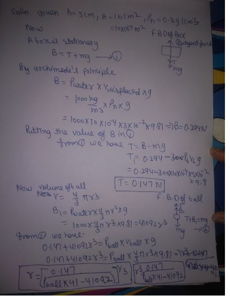 Now Saln ginen h-scm, A 160m2, Pn=0.39 cm3 =loxiolm FBD of Box Aboris stationary B-T + ing By archimedes principle 1 Buls fo