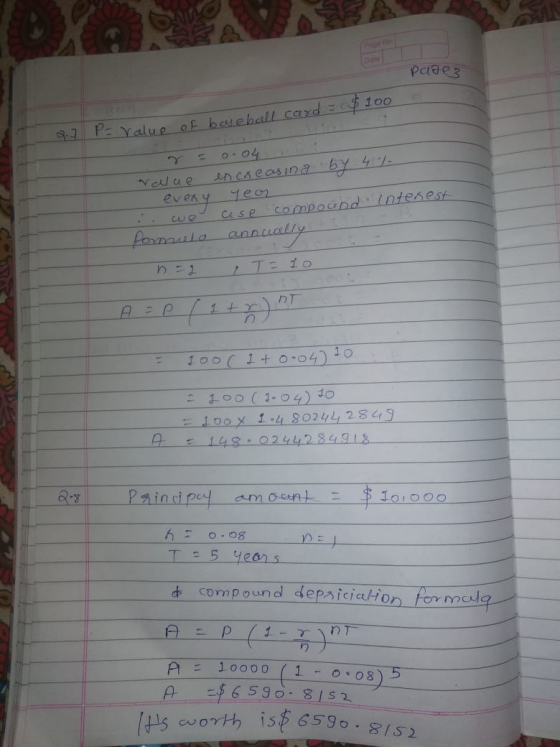 Pc(03 27. P- Value of baseball card = $100 Value increasing by 4 % every yeon ase compound interest formato annually n = 2 cu