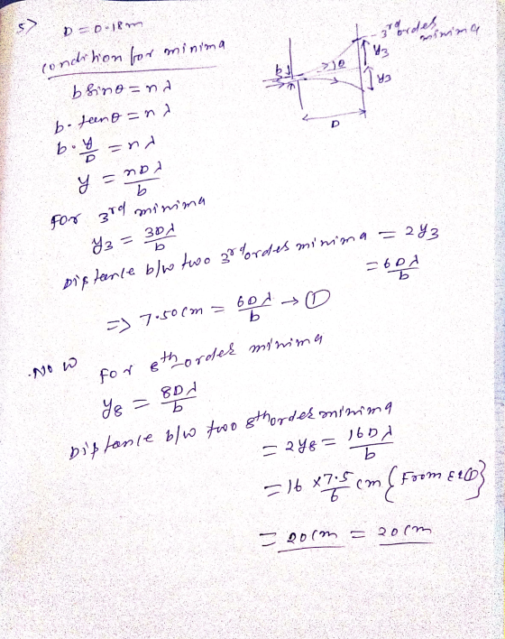 D-0.18m condition for minima bsino=na botano and boy and y = nba y = b for 3rd minima 73 = 301 3 b Distance b/w two 30 Cordes