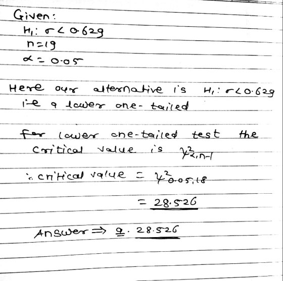 Given: HirL0629 na19 da 0.05 Here our alternative is ie a ecwer one-tailed Heirlo.629 the for lower che-tailed test Critical