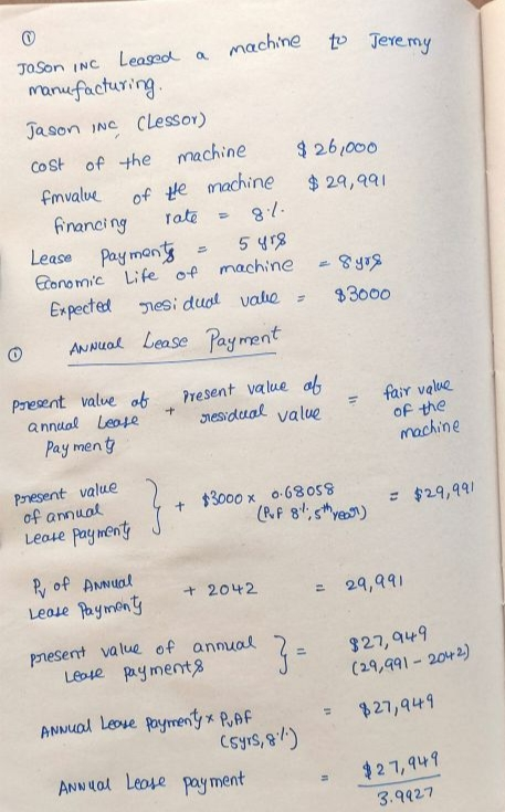 JOSON INC Leased a machine to Tere manufacturing Jason inc Clessor) cost of the machine $26,000 fmvalue of He machine $ 29,99