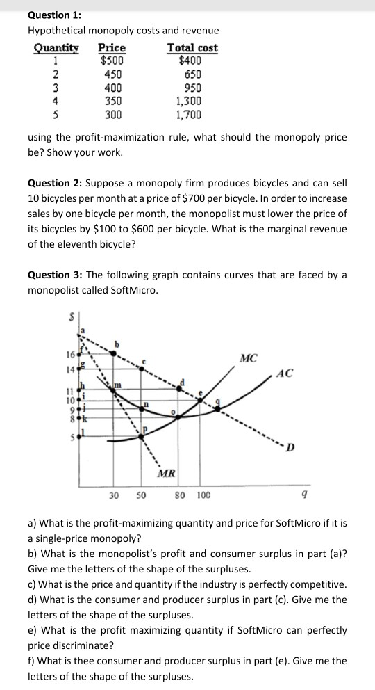Question 1: Hypothetical monopoly costs and revenue Quantity Price Total cost $500 $400 450 650 400 950 350 1,300 300 1,700 N