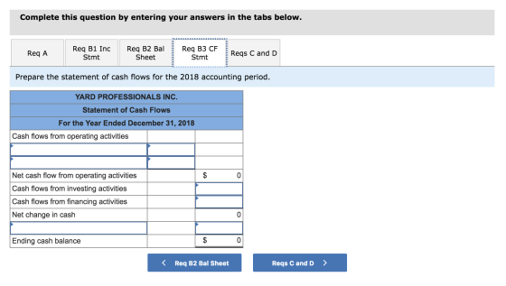 Complete this question by entering your answers in the tabs below. Reg A Req B1 Inc Stmt Req B2 Bal Sheet Req B3 CF Stmt Reqs