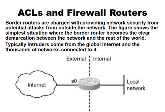 ACLs and Firewall Routers Border routers are charged with providing network security from potential attacks from outside the