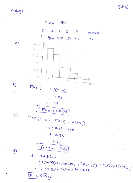 Pyub Answer: - Given that Х 2 3 y or more I. 4316 35). 15). 6./. 1/1 a 0.4 0.3 o 3 yormore b) PC*21) = 1- Px -C) 31-0.43 = 0.