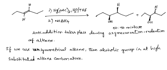 + AY OH 50:50 mixture ution . :) HyCouc)2140/THF 2) NaBHA Antiaddition takes place during oxymererali of alkene. If we we aan