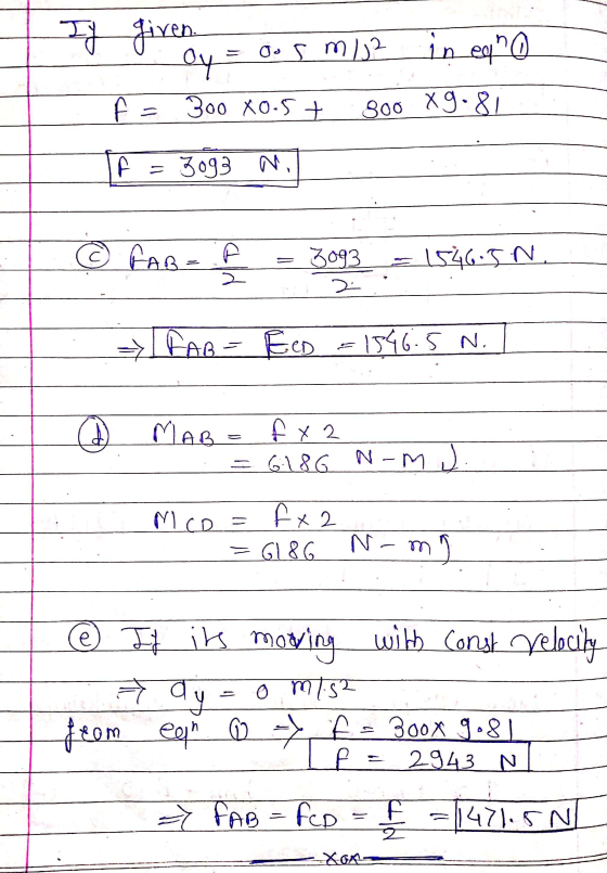 Iy given. Oy = 0o 5 m/s2 in ean f = 300 x0.5t 800 X9.81 F = 3093 Mi © FABE - 3093 2. 15465N 2 I FAB Eed =1546.5 N. 6 MAB= fx2