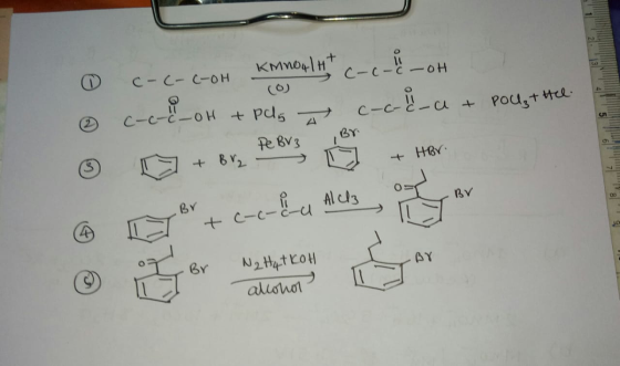 N KMNO4 H + C-c--oh C-C- C-OH c-chilloh + pag cocia + Pou₂+tel. BY C-c-c-OH + Par Pe BV3 + Br₂ 16 + HBr. (3 os AlCl3 BV 18 Br