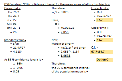 Here, 05) Construct 95% confidence interval for the mean score of all such subjects = Given that = Therefore, Lower limite X