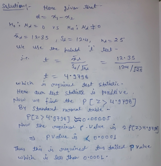 solutions - Here given that - d= », da Mos Md=0 vs Hai Md to d = 120 35 , Sd = 1204, nd=25 We use the bairld t test - jul.