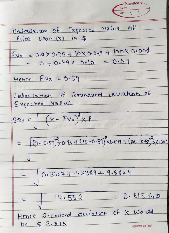Inderdhanush Page No. DATE: of Calculation of Expected value Price won (8) in $ EVX = 0.0X0.95 + 10 X 0.049 + 100 X 0.001 = 0
