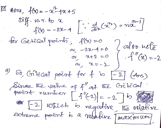 nel or, -22-420 ( also noto 21 Here, f(x)=-=-492 +5. 1 . Diff.co.n.to a n f=-2X-4 Lise () - nay . for Getical points, f(x)