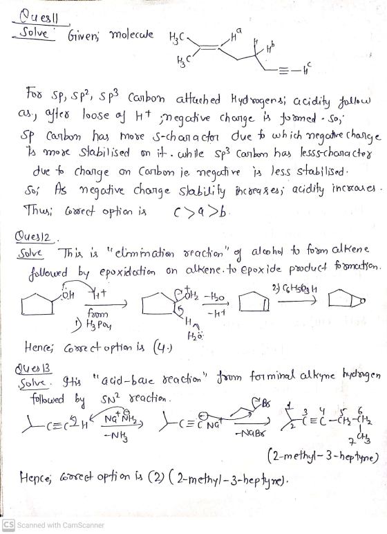 Ques!! Solve Given; molecule HC. H Кс - al For sp, sp?, sp3 Carbon attached Hyd vogens; acidity Follow as, after loose of H+