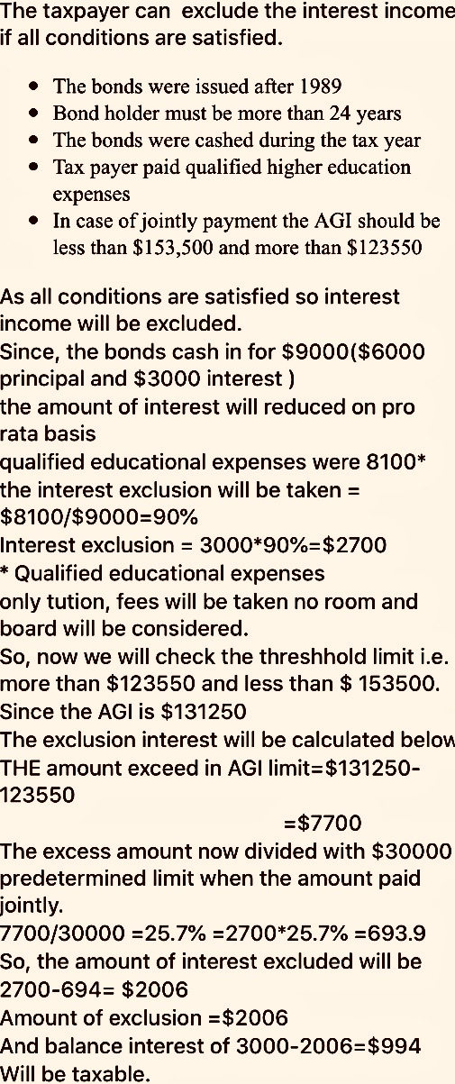 The taxpayer can exclude the interest income if all conditions are satisfied. • The bonds were issued after 1989 • Bond holde