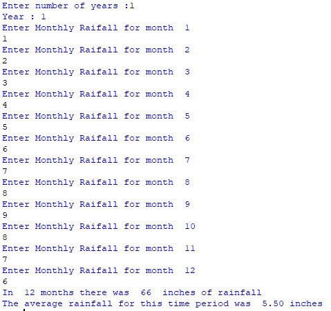 Enter number of years :l Year 1 Enter Monthly Raifall for month 1 Enter Monthly Raifall for month 2 Enter Monthly Raifall for