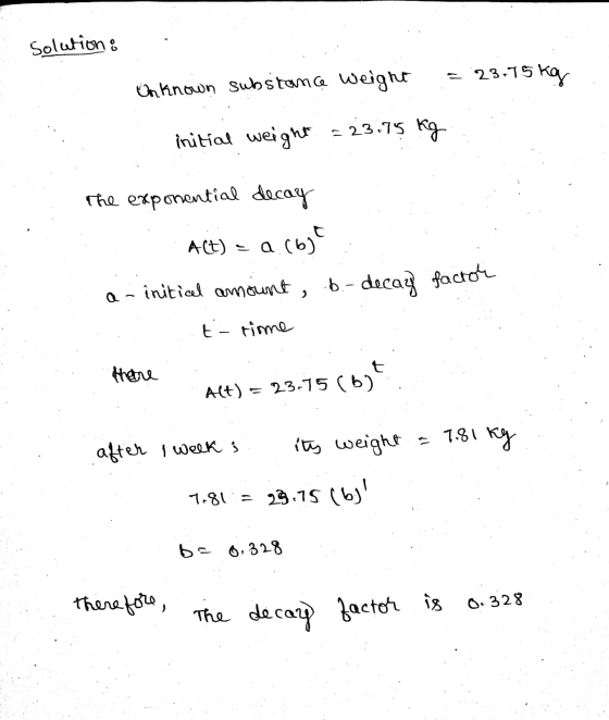 solution : = 23.75 kg Unknown substance weight initial weight = 23.75 kg The exponential decay Act) a (6) a-initical amount,