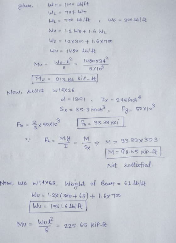 ginen, WT= 1000 lblft 70% WT WL = 700 elft 300 lblft Wu 1.2 WoT 1.6 WL 2 1.2x300+ 1.6X700 Wo 1480 lblft 1480X34 Mu = Wool OXI