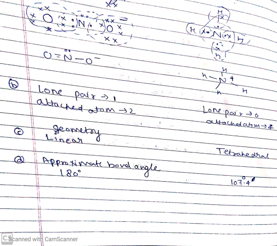 GON (re 12 Nox) Lo=N-o- CŤ I Lone pair - I attached atom 2 Lone pair so attached atom a & geometry A Linear Tetrahedral . App