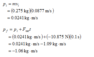 (0.275 kg)0.0877 m/s) - 0.0241 kg-m/s = (0.0241 kg . m/s )+(-10.875 NX0.1 s) 0.0241 kg-ms-109 kg-ms --1.06kg m/s