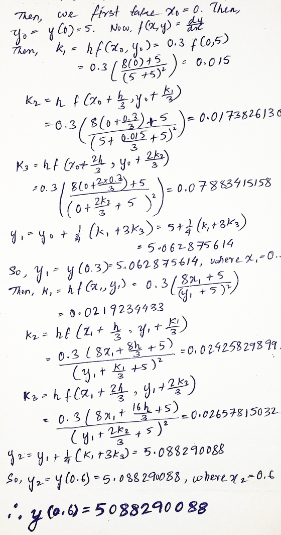 Then we first take xo=0. Then, You y Co)=5. Now, f(x, y) = du har Then, k, = hf (alo, %) = 0.3. f(0,5) 50.3 ( 866215) - 0.015